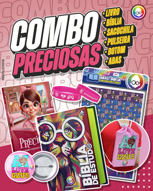 COMBO PRECIOSAS - BÍBLIA + LIVRO + SACOCHILA + BOTTONS + PULSEIRAS + ABAS